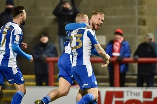 Stephen Humphrys celebrates his late winner at Morecambe