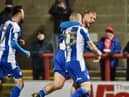 Stephen Humphrys celebrates his late winner at Morecambe
