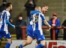 Stephen Humphrys celebrates his late winner at Morecambe