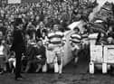 Wigan captain Doug Laughton leads out the team for the Challenge Cup 2nd round match against St. Helens at Central Park on Sunday 18th of February 1973.
Wigan won 15-2.