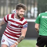 Joe Shorrocks celebrates his first half try (Credit: Bernard Platt)