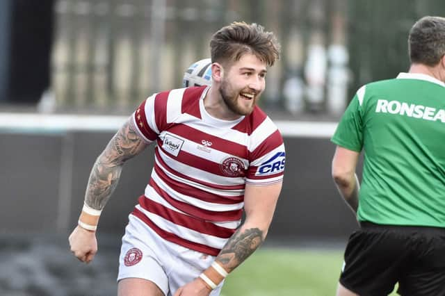 Joe Shorrocks celebrates his first half try (Credit: Bernard Platt)