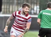 Joe Shorrocks celebrates his first half try (Credit: Bernard Platt)
