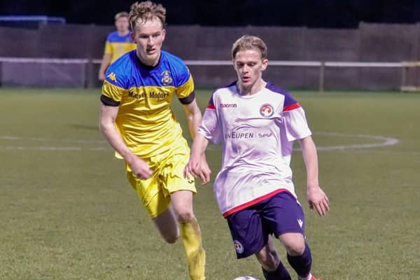 Action from Ashton Athletic's victory at Vauxhall Motors (Pic: @Anobrdedphoto)