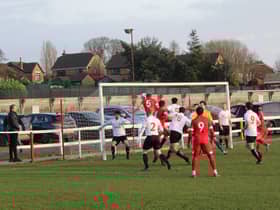 Alex Noonon heads home for Ashton Town (Pic: Gordon Johnson)