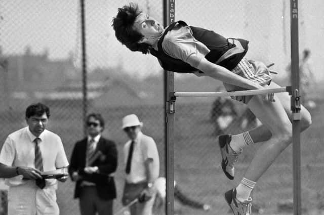 Wigan Harrier's P. Crompton competing in the junior high jump at the Lancashire AA Track and Field Championships at Robin Park on the weekend of May 20th and 21st 1989.