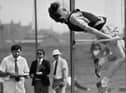 Wigan Harrier's P. Crompton competing in the junior high jump at the Lancashire AA Track and Field Championships at Robin Park on the weekend of May 20th and 21st 1989.