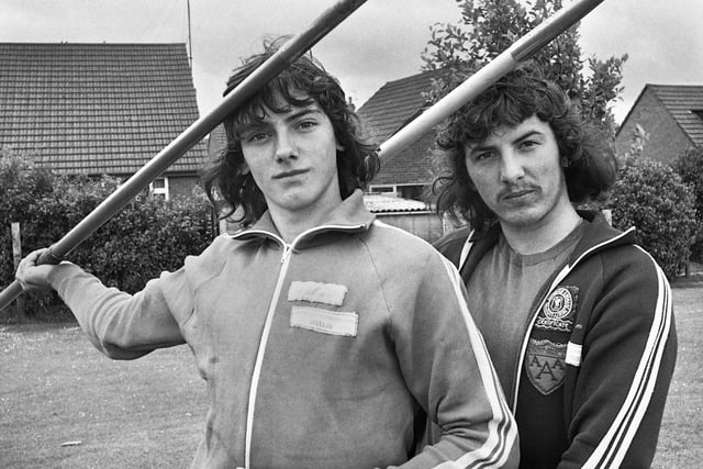 Javelin contenders were Wigan brothers Michael and Shaun Pilling at the Lancashire Schools Athletics Championships held at Woodhouse Stadium on Saturday 8th of June 1974.