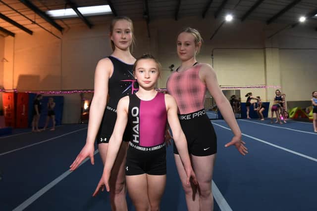 from left, Georgia Brown, 14, Holly Fletcher, 11 and Evie Cass, 13, Members of ABC Gymnastics,