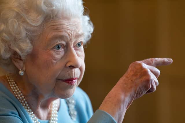 Queen Elizabeth II during a reception in the Ballroom of Sandringham House, which is the Queen's Norfolk residence, with representatives from local community groups to celebrate the start of the Platinum Jubilee.