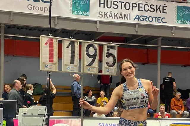 Emily Borthwick celebrates her historic leap