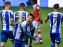 Callum Lang celebrates scoring the opening goal against Crewe