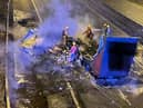Fire crews at the scene on the M6 where a high winds caused a lorry to hit a bridge and burst into flames this morning (Monday, February 21).Luckily, the driver escaped from his cab with help from other motorists