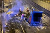 Fire crews at the scene on the M6 where a high winds caused a lorry to hit a bridge and burst into flames this morning (Monday, February 21).Luckily, the driver escaped from his cab with help from other motorists