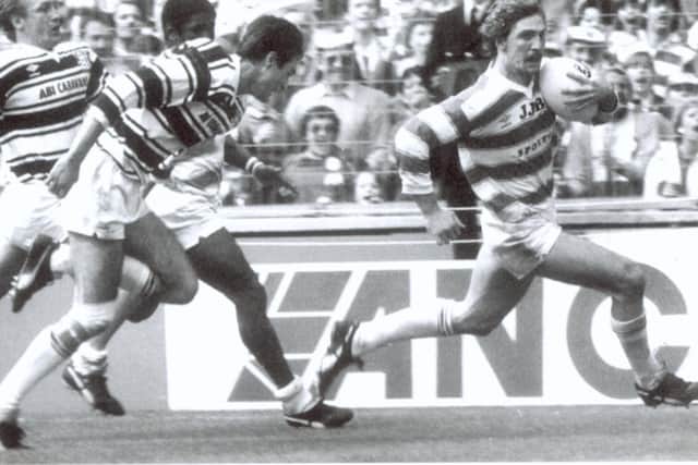 Brett Kenny scoring for Wigan against Hull in the 1985 Challenge Cup final at Wembley.