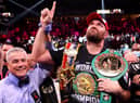 Tyson Fury celebrates his 11th round knock out win against Deontay Wilder after their WBC heavyweight title fight at T-Mobile Arena on October 09, 2021 in Las Vegas, Nevada.