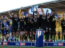 Leam Richardson (far left) celebrating promotion at Doncaster three years ago