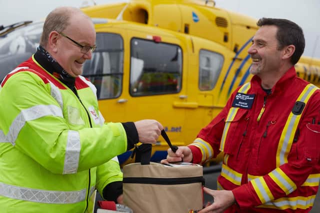 Steve Deakin (left) of Manchester Blood Bikes and Martin Booth  from the North West Air Ambulance