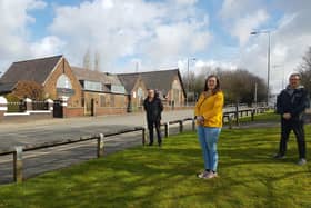 Coun Chris Ready, Laura Flynn and Coun Ron Conway outside the former school