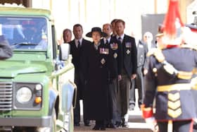 The Princess Royal, the Earl of Wessex and Forfar and the Duke of Sussex, and follow the Land Rover Defender carrying the Duke of Edinburgh's coffin during the funeral of the Duke of Edinburgh at Windsor Castle, Berkshire