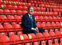 Labour Leader Keir Starmer sits in social distanced seating during a visit of Walsall Football Club on September 19, 2020 in Walsall, England.