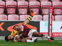 Bevan French tries to stop Derrell Olpherts from scoring. Picture: SWPix