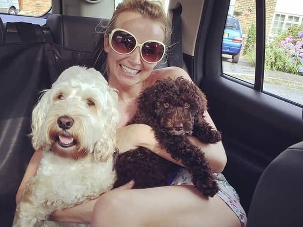 Actress Carley Stenson, from Billinge, near Wigan, with her dogs. Carley is on the celebrity judging panel which will choose 11 dogs nationwide to become therapy pets for Sue Ryder, including the charity's centre in Fulwood, Preston