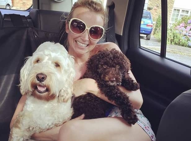 Actress Carley Stenson, from Billinge, near Wigan, with her dogs. Carley is on the celebrity judging panel which will choose 11 dogs nationwide to become therapy pets for Sue Ryder, including the charity's centre in Fulwood, Preston