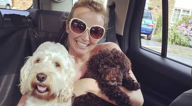 Actress Carley Stenson, from Billinge, near Wigan, with her dogs. Carley is on the celebrity judging panel which will choose 11 dogs nationwide to become therapy pets for Sue Ryder, including the charity's centre in Fulwood, Preston