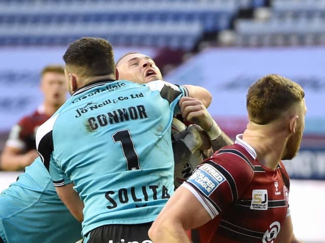 Jake Connor was sinbinned for a high shot on Zak Hardaker