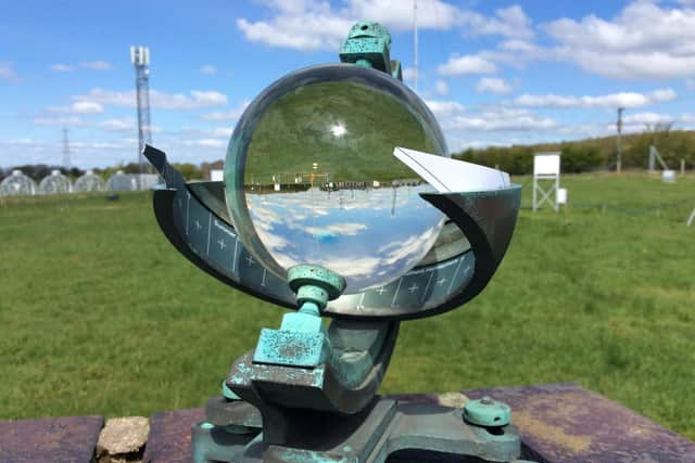 A Campbell Stokes sunshine recorder at Lancaster University’s Hazelrigg weather station. It uses a magnifying glass which burns a card when it is sunny to leave a recording. Researchers from the university say April 2021 has been the sunniest on record