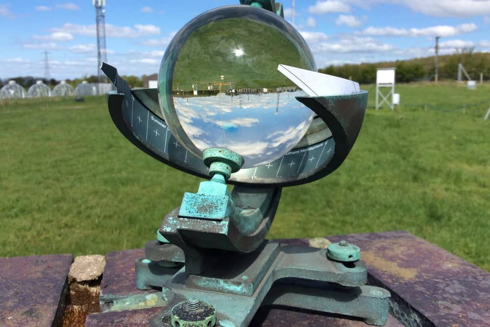 A Campbell Stokes sunshine recorder at Lancaster University’s Hazelrigg weather station. It uses a magnifying glass which burns a card when it is sunny to leave a recording. Researchers from the university say April 2021 has been the sunniest on record