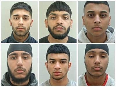 The six men jailed for an armed attack on Runshaw College. Top row, from left, Shehroz Ahmen, Murad Mohammed, and Adam Khan. Bottom row, from left, Gurmail Singh, Samadhur Rahman, and Dilbagh Singh.