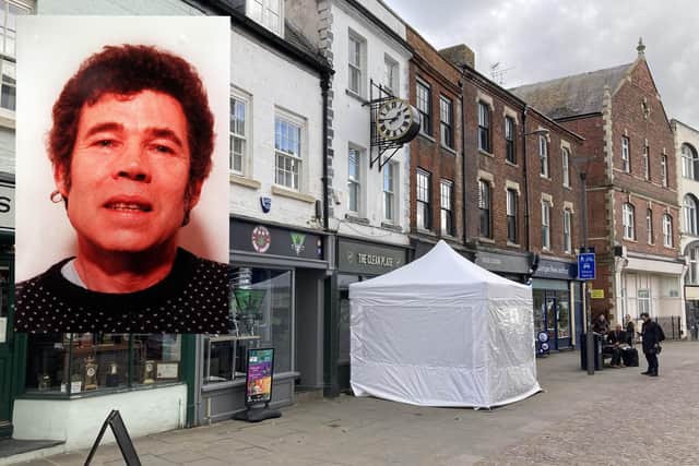 A police tent outside The Clean Plate cafe in Southgate Street, Gloucester, and inset, Fred West