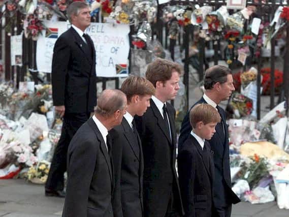The Prince of Wales and his sons Prince William and Harry arrive at Westminster Abbey with the Duke of Edinburgh and the Earl Spencer, for the funeral of Diana, Princess of Wales 06 September 1997