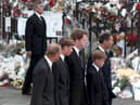 The Prince of Wales and his sons Prince William and Harry arrive at Westminster Abbey with the Duke of Edinburgh and the Earl Spencer, for the funeral of Diana, Princess of Wales 06 September 1997
