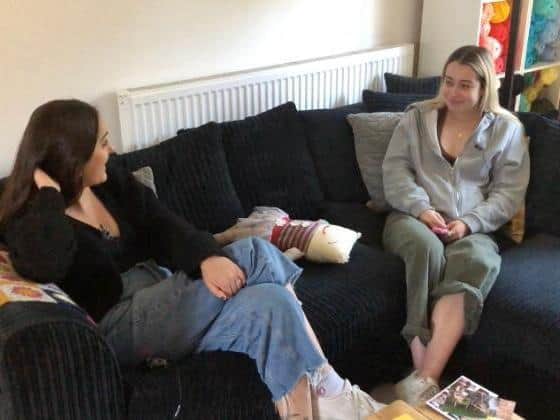 Survivor Millie Tomlinson met Louise Murray, whose brother Martyn Hett was killed in the blast. Pic: Rob Brooks (BBC)