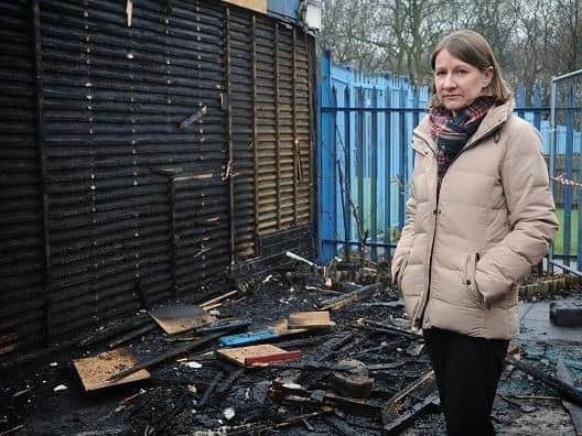 Headteacher Monica Middlehurst after the fire at RL Hughes Primary School in Ashton