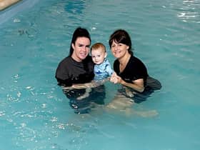 Kirsty and Preston Jolley in the pool with Emma Aspinall