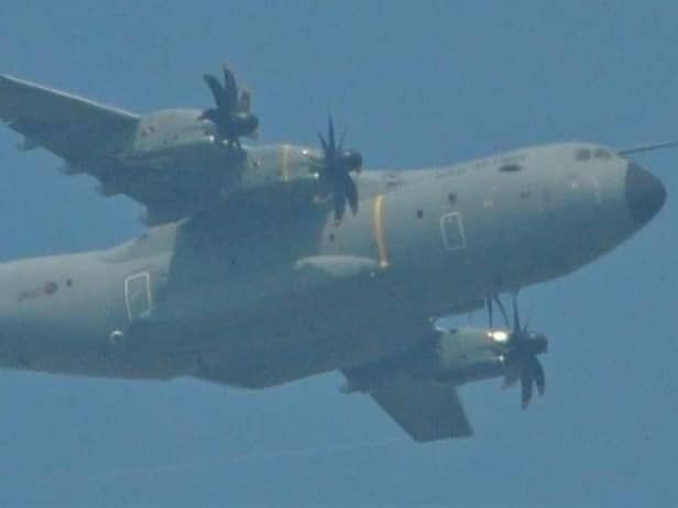 This huge Airbus A400M - the largest plane in the RAF's fleet - was seen flying over Wigan. Pic credit: Stephen Geraghty