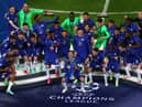 Cesar Azpilicueta the captain of Chelsea lifts the Champions League Trophy following their team's victory during the UEFA Champions League Final between Manchester City and Chelsea FC at Estadio do Dragao on May 29, 2021 in Porto, Portugal.