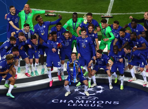 Cesar Azpilicueta the captain of Chelsea lifts the Champions League Trophy following their team's victory during the UEFA Champions League Final between Manchester City and Chelsea FC at Estadio do Dragao on May 29, 2021 in Porto, Portugal.