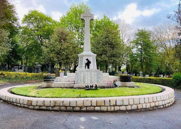 The cleaned-up war memorial at Tyldesley Cemetery