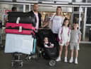 Paul and Jemma Nevard, and their three children (names not given) who live in Bromley, arrive at Gatwick Airport in West Sussex after returning on a flight from Porto Santo in Madeira, Portugal, before Tuesday's 4am requirement for travellers arriving from Portugal to quarantine for 10 days comes into force