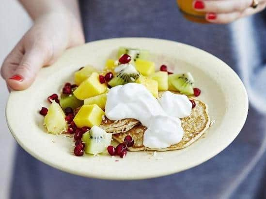 Coconut pancakes with tropical fruit Serves 4