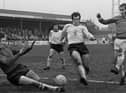 1972 - Wigan Athletic's Jim Fleming moves in on goal against South Liverpool in the Northern Premier League match at Springfield Park on Saturday 19th of February 1972. Wigan lost 1-0.