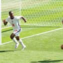 Raheem Sterling celebrates scoring England's winning goal against Croatia.