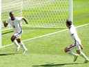 Raheem Sterling celebrates scoring England's winning goal against Croatia.