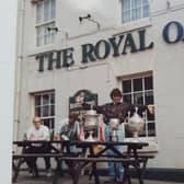 David Greenwood with Wigan RL’s array of trophies outside The Royal Oak pub, Standishgate, more than 30 years ago