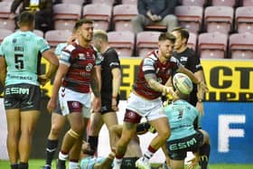 Oliver Gildart celebrates one of his two tries